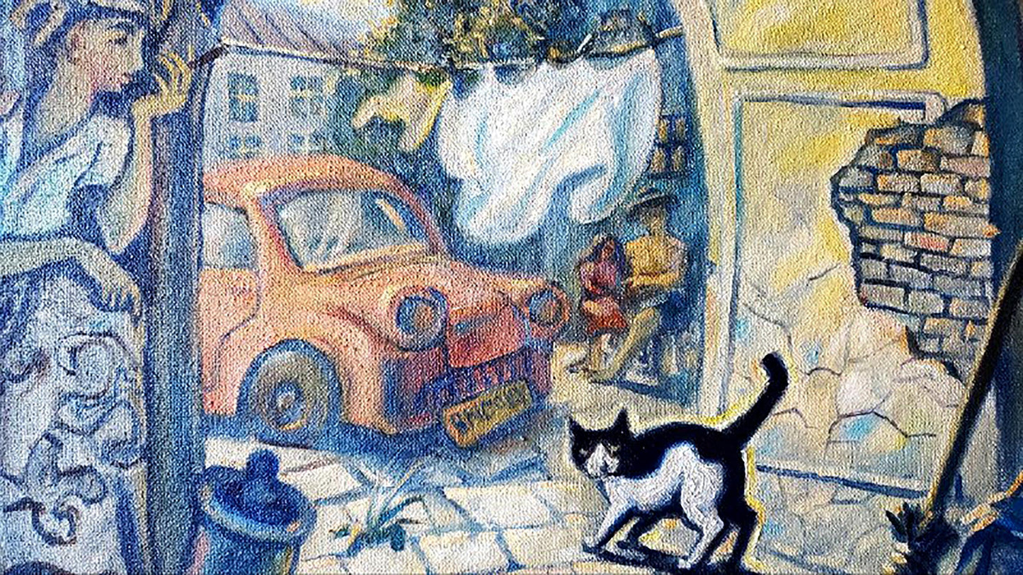 Oil painting of vintage orange Fiat 500 with yellow plate by Litvinov Daniil Olegovich