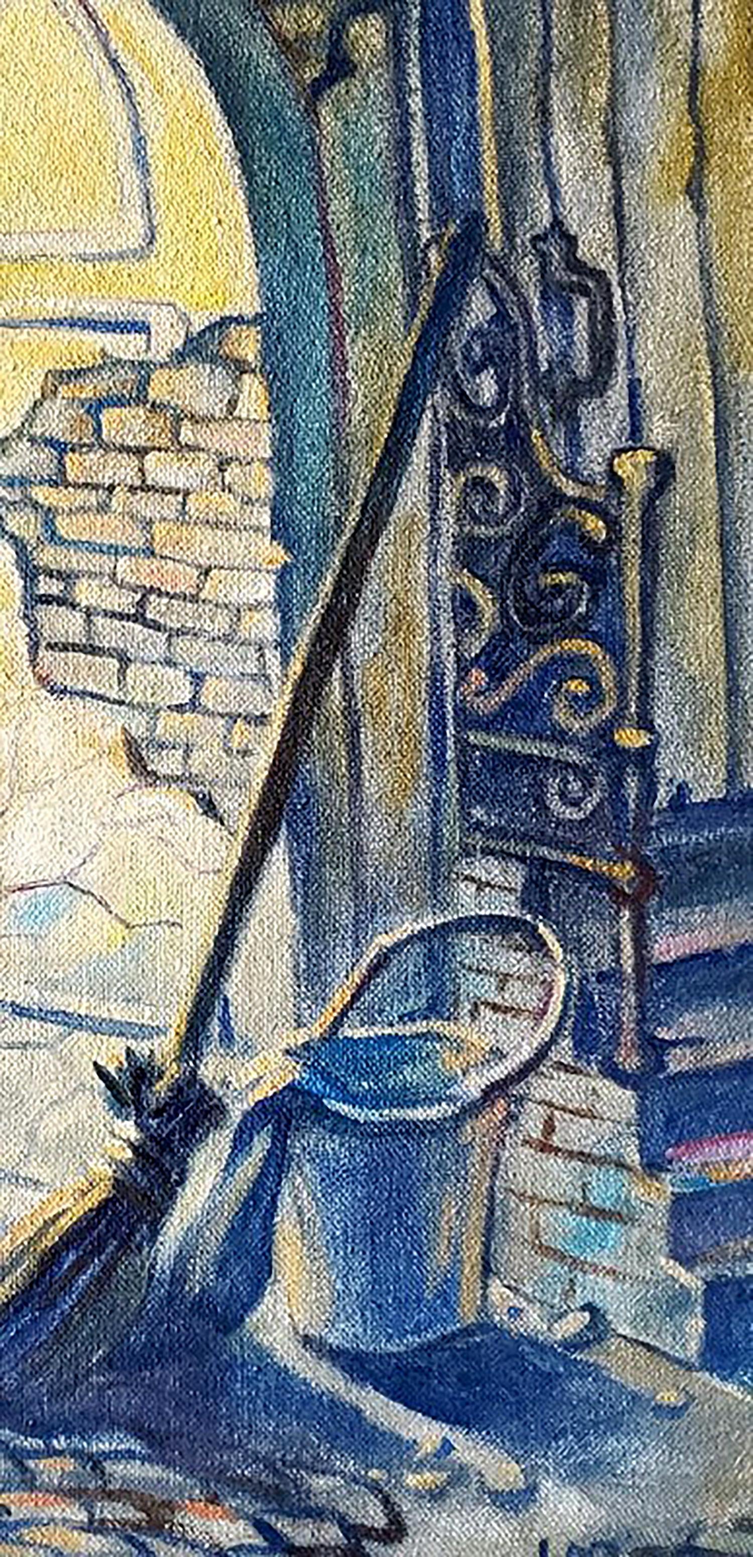 Oil painting of blue metal bucket by ornate wrought iron gate in Odessa courtyard by Litvinov Daniil Olegovich