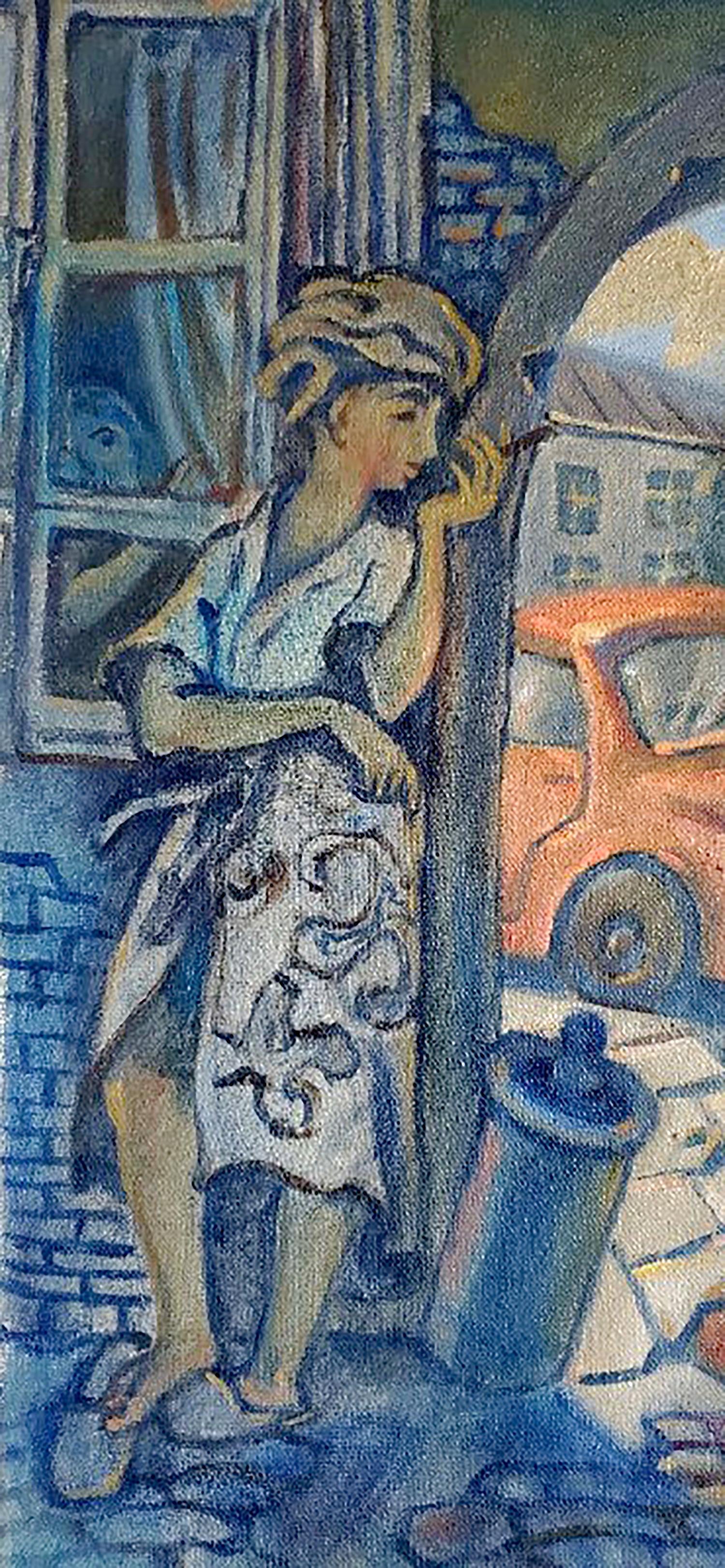 Oil painting Odessa courtyard by Litvinov Daniil Olegovich: woman in blue dress by arched door