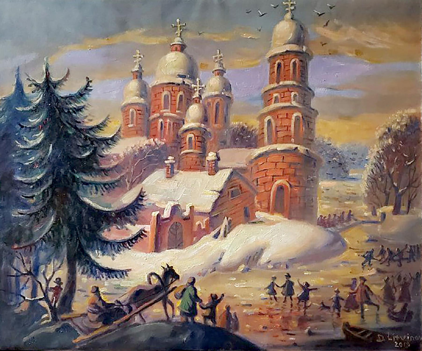 Red brick church with snow-covered domes by Litvinov Daniil Olegovich