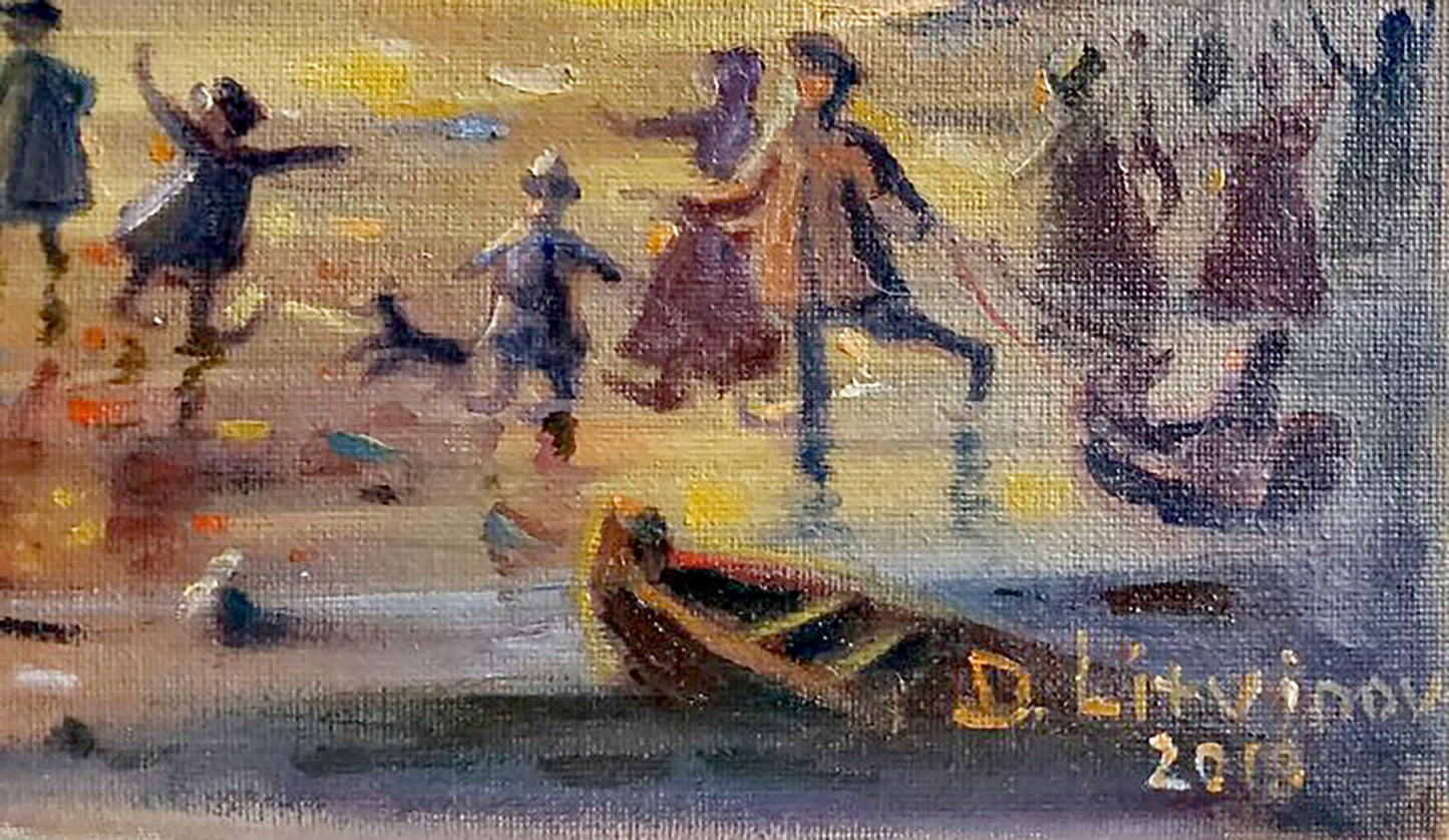Oil painting of wooden rowboat on waters edge by Litvinov Daniil Olegovich