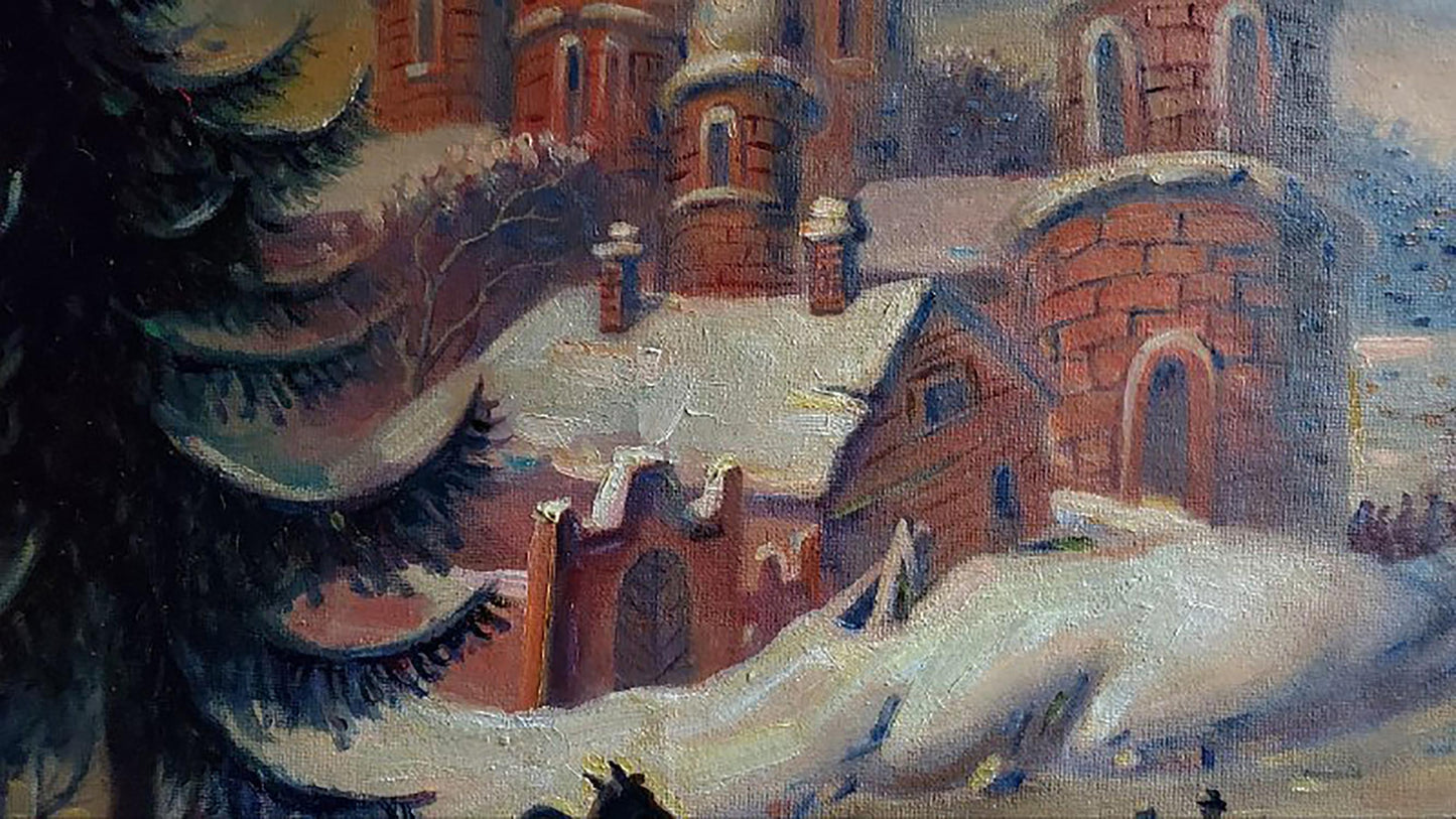 Oil painting of snow-covered red brick monastery in winter by Litvinov Daniil Olegovich