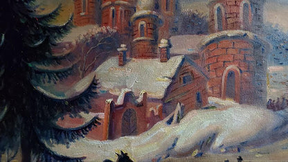 Oil painting of snow-covered red brick monastery in winter by Litvinov Daniil Olegovich