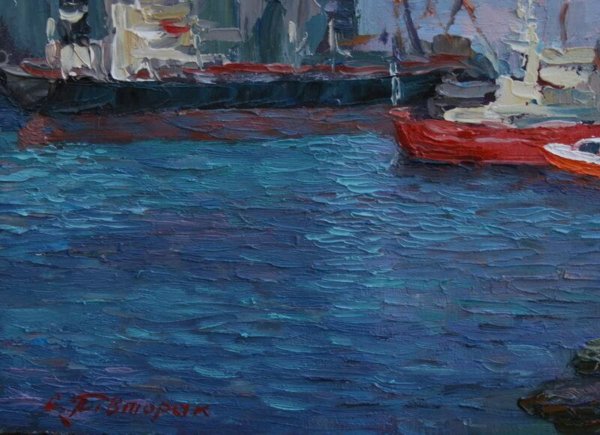 Vibrant red fishing boat with white accents by Sergiy Pivtorak oil painting