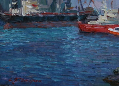 Vibrant red fishing boat with white accents by Sergiy Pivtorak oil painting