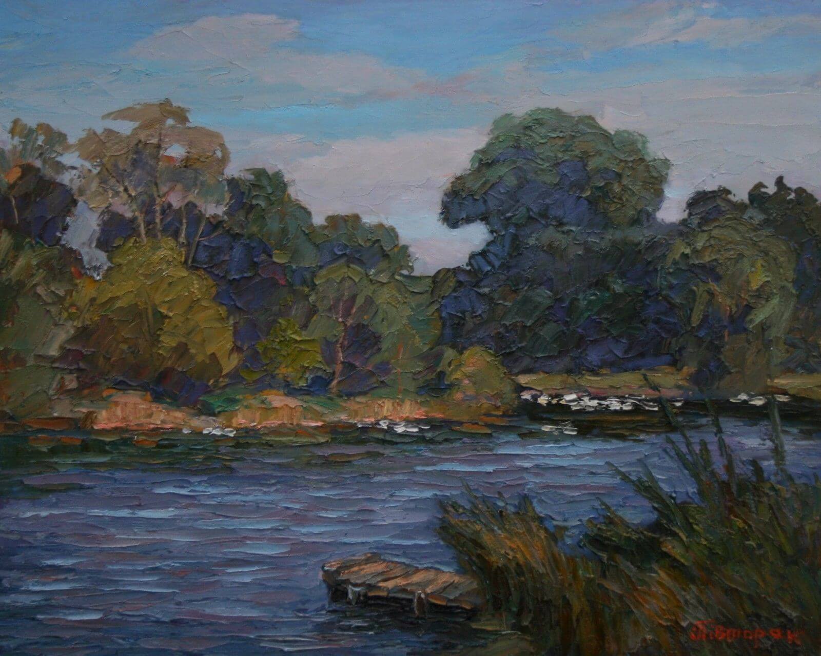 Oil painting Evening by Sergiy Pivtorak: serene river with lush trees