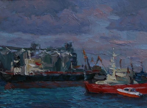 Oil painting of vibrant red boat with white trim in harbor by Sergiy Pivtorak