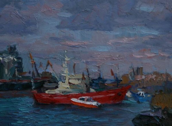Vibrant red fishing boat mooring oil painting by Sergiy Pivtorak