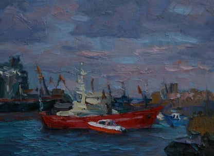 Vibrant red fishing boat mooring oil painting by Sergiy Pivtorak