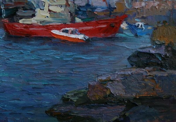 Oil painting of vibrant red boat mooring by Sergiy Pivtorak